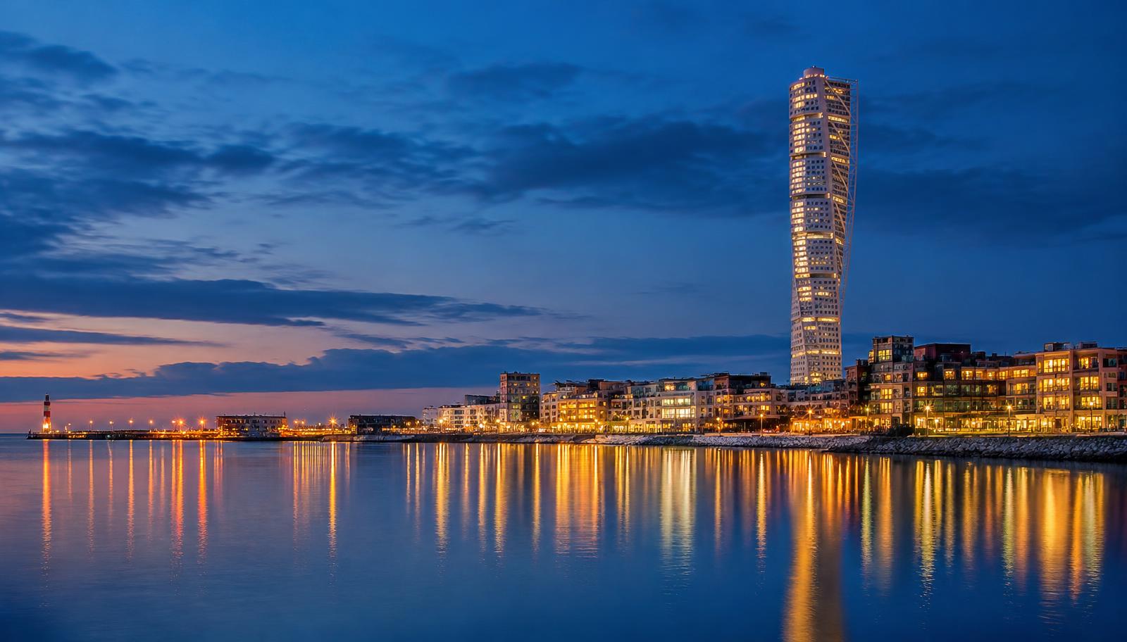 Malmö waterfront and Turning Torso at blue hour